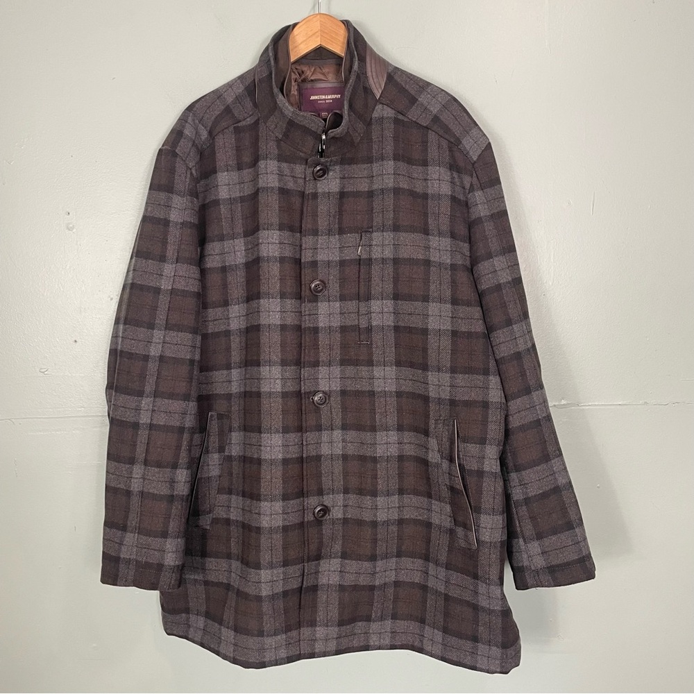 Johnston & Murphy Upton Car Coat Wool Blend Men XXXL 3XL Brown Gray Plaid‎ Lined